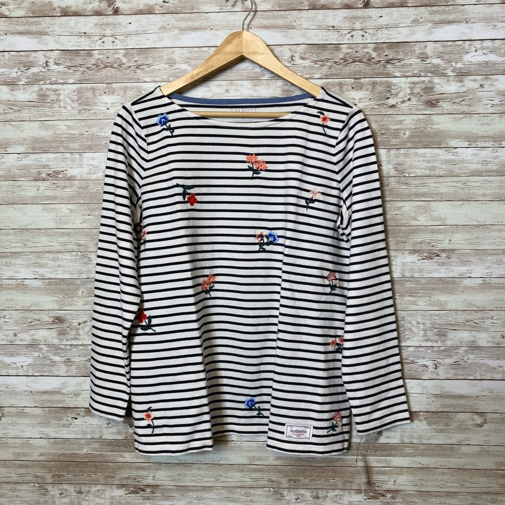 Talbots Floral Embroidered Top w/Black Stripes NWT